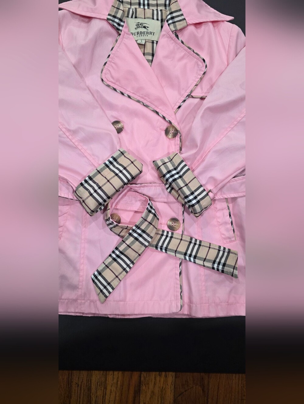 Burberry Pink Kids Trench Coat with Signature Check Trim Size Large - Picture 3 of 4